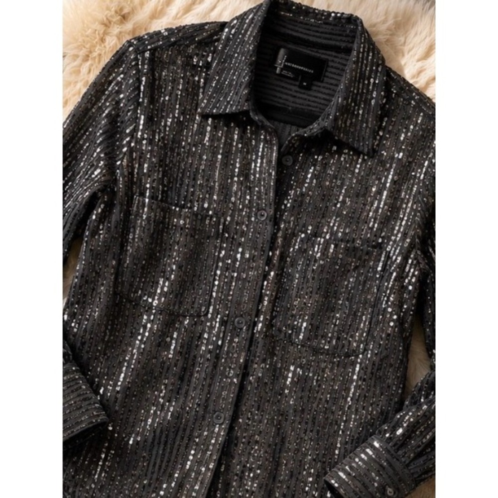 Anthropologie Maeve Black Sequin Button Front Shirt M - Picture 3 of 5
